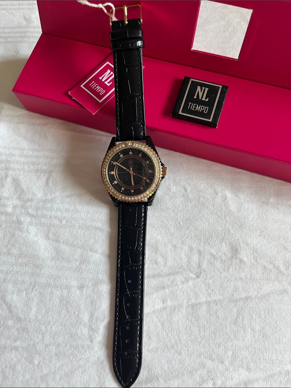 NL Tiempo Black Rose Gold Rhinestone Accented Watch with Gift Box NWT